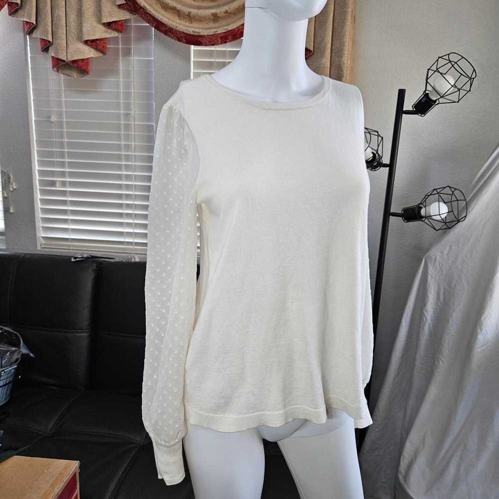 LOFT Outlet Cream Long Sleeve Top Swiss Dot Sheer Puff Sleeve White Polka Dot S